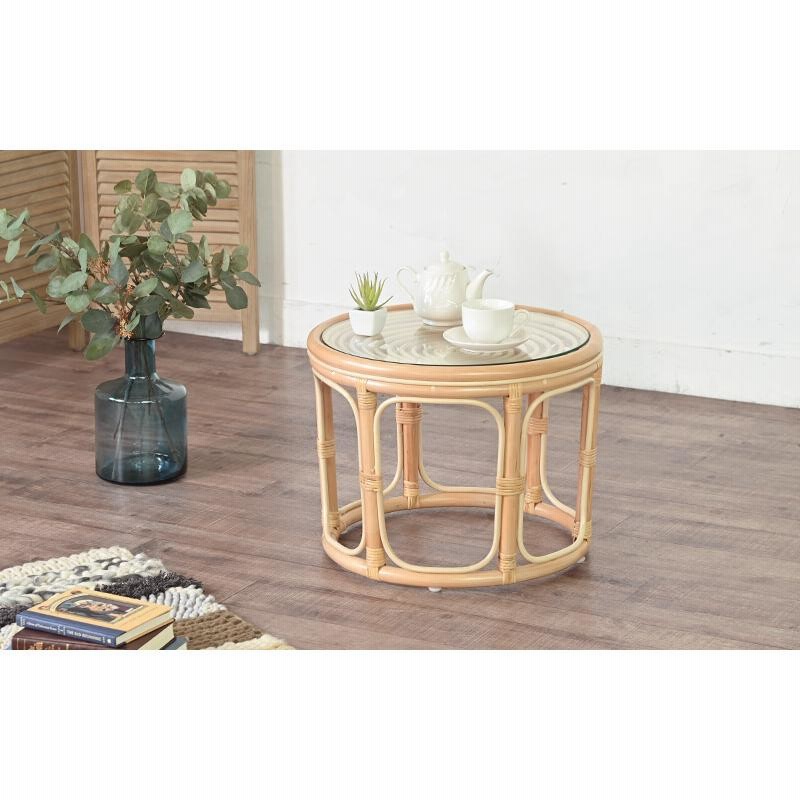 かわいい〜ラタンテーブル Natural × Glass 透明感のある ラタンロー