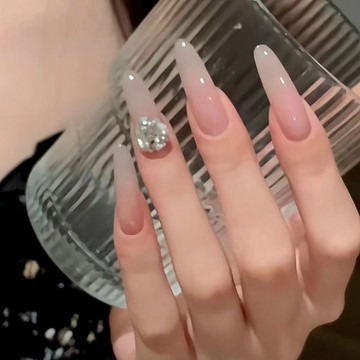 💗台灣出貨💗手工穿戴甲冰透裸色k9爆閃鑽球成品美甲貼片自然顯白中長款婚甲