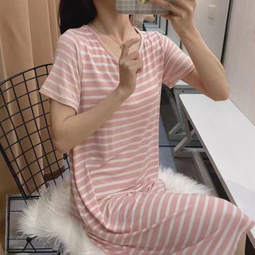 【藍尼居家】★條紋胸墊棉防凸點睡裙(女睡衣/家居服/連身裙)