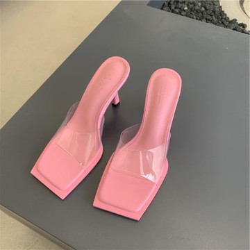 【4月04號】方頭透明涼鞋女細跟2024年夏季一字帶露趾PVC涼拖外穿