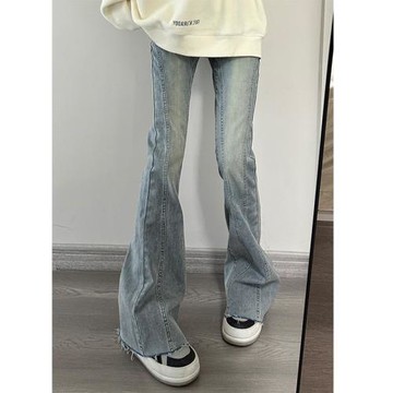 加長復古拼接微喇叭牛仔褲女2023春秋新款高腰顯瘦毛邊馬蹄拖地褲