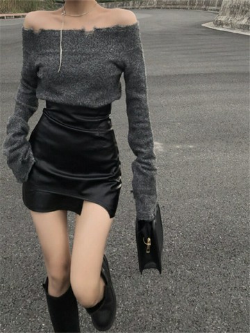 大碼辣妹皮裙半身裙女秋冬高腰黑色包臀裙A字短裙PU皮裙子