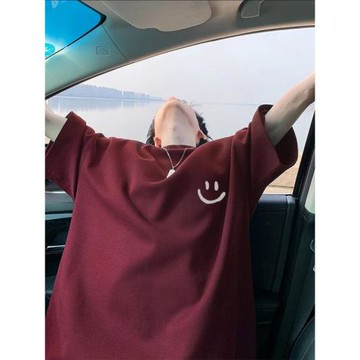 100%純棉短袖t恤男士夏季潮牌百搭笑臉學生高級感寬松半袖ins上衣