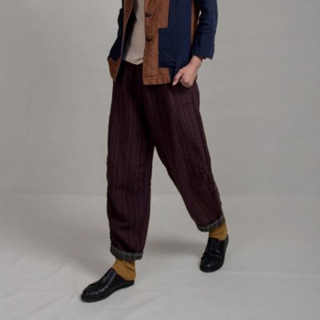 咖紅色純亞麻色織翻邊九分褲 刺子繡 休閒 褶皺