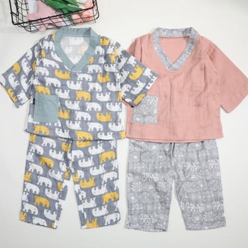 100-140碼男女童日系和服度假風情3層紗布套裝夏季家居服純棉透氣