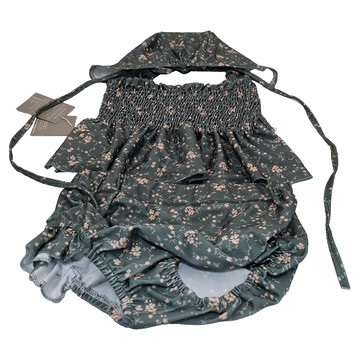 女寶碎花綁帶短袖分體泳衣組+泳帽  3XL  墨綠