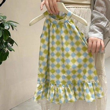 mori🎀mori女童連衣裙夏季女寶寶菱格甜美無袖背心裙兒童掛脖吊帶裙子