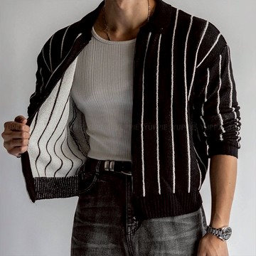 正韓簡約撞色條紋短版翻領拉鍊針織外套 2色 YUPPIE 預購商品 1110