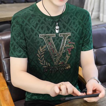 歐貨潮牌短袖T恤男士夏季高端冰絲燙鉆提花半袖上衣休閑薄款體恤