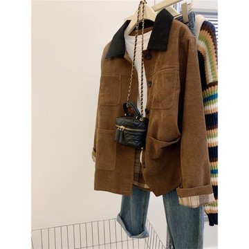 (免運)美拉德風穿搭撞色polo領外套女秋冬氣質寬松慵懶風燈芯絨夾克大衣