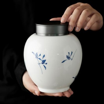純手繪蝴蝶蘭花茶葉罐家用大小號陶瓷罐鋁合金雙層蓋防潮密封茶倉