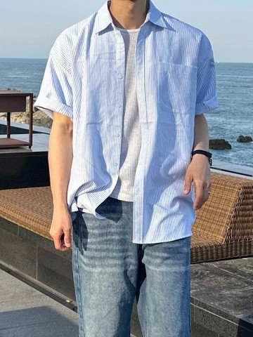 【Metanoia】🇰🇷韓製 牛津細條紋寬鬆短袖襯衫