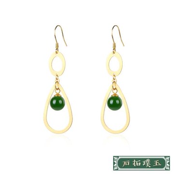 【石拓璞玉】純銀925古法金優雅縷空水滴圓片碧玉珠造型耳環 純銀耳環 造型耳環 情人節禮物