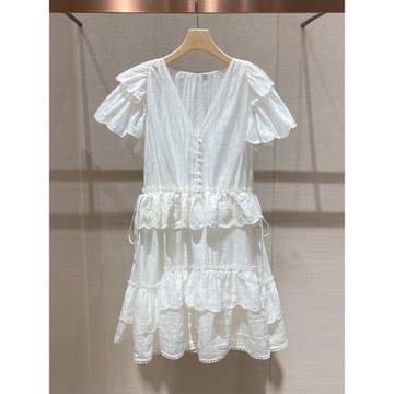 白色連衣裙2025夏季新款精致優雅V領飛邊袖慵懶松弛感度假風裙子