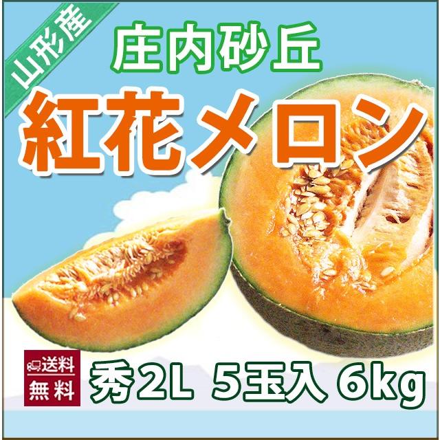 メロン 紅花メロン 秀２Ｌ ５個入り 赤肉 庄内砂丘メロン 送料無料 お中元 山形メロン 庄内メロン 農産物 送料無料