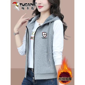 啄木鳥連帽休閑秋冬加絨馬甲女2025春秋新款外穿媽媽短款馬夾外套