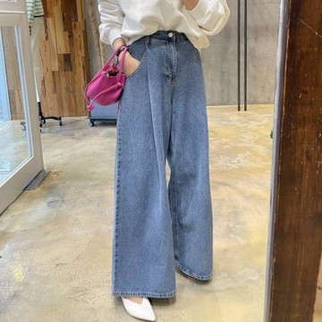 韓國chic夏季新款復古高腰百搭一粒扣壓褶寬松闊腿牛仔褲長褲女