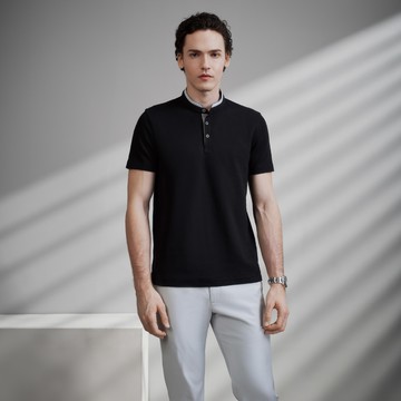 撞色立領網眼布短袖T裇/黑色 | 5114195299