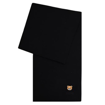 MOSCHINO 30620 M3139 簡約電繡小熊布章羊毛長圍巾.黑