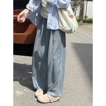 天絲牛仔褲女夏季薄款胖妹妹顯瘦梨型身材松緊腰垂感直筒闊腿長褲