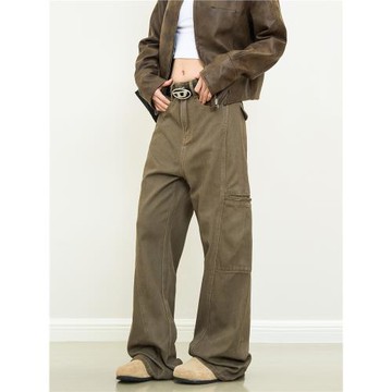 JUNECUT美式復古棕色工裝褲寬松小眾設計感闊腿牛仔褲美拉德褲子