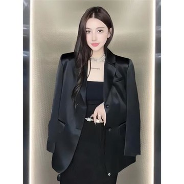 醋酸西裝外套女2025春秋新款休閑黑色寬松高級感輕奢緞面西服上衣