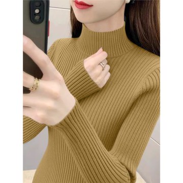 芥黃色長袖針織衫女裝加厚款半高領毛衣修身內搭打底上衣冬季新款