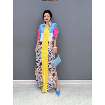 2025 秋季新款韓版氣質休閑POLO領拼色襯衫連衣裙時尚