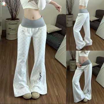 大美妞★現+貨 美式高腰衛褲 彈力喇叭褲 白色長褲 波點印花休閒褲女 秋冬條紋腰頭闊腿褲 衛褲女