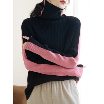 冬季厚款保暖堆堆高領長袖針織衫毛衣女拼色兩面穿慵懶風內搭上衣