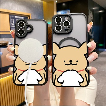 情侶線條小狗膚感磨砂i17磁吸手機殼 適用 iphone 11 12 13 14 15 16 Pro Max 防摔保護殼