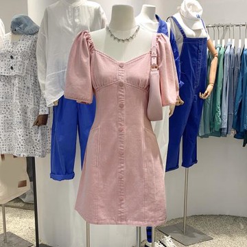 十三行設計感復古V領泡泡袖修身高腰A字包臀裙臟粉色牛仔連衣裙女