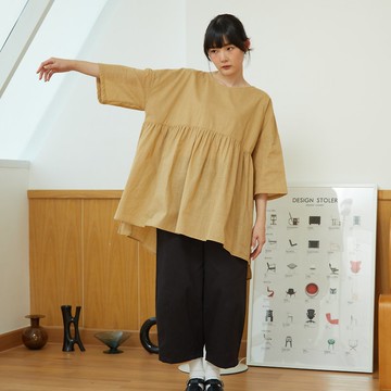 棉麻抓皺寬鬆洋裝與罩衫 - 卡其色