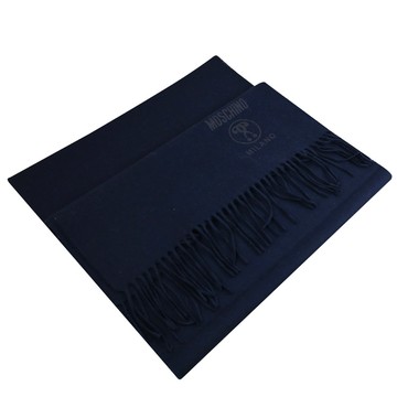 MOSCHINO 50186 M5570 品牌LOGO素色羊毛長圍巾.深藍