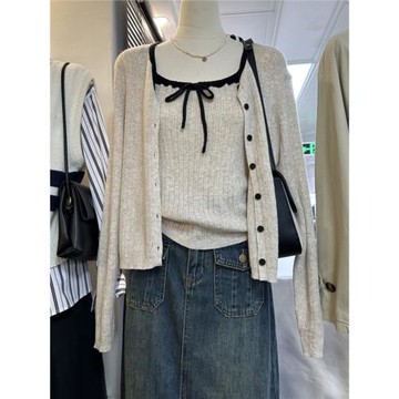 十三行2025年春夏新款韓版寬松兩件套抽繩針織吊帶+針織開衫外套