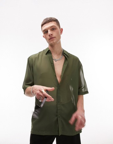 Topman short sleeve regular sheer button through shirt in khaki-Green