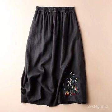 ✨免運出貨 複古 棉麻裙子 重工刺綉 夏季 半身裙女 刺繡純色大擺裙 百搭顯瘦中長款女裙 裙子女 NNFX