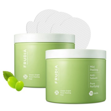 【買就送人氣棉片3入組】FRUDIA 有拭無孔 青葡萄毛孔潔淨調理棉片(70片罐裝/附夾子) 2入組