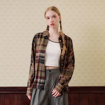 OUWEY歐薇 絲滑萊賽爾拼接造型格紋襯衫(深咖；S-L)