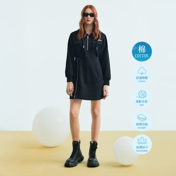 OUWEY歐薇 時髦休閒運動落肩連帽T洋裝(黑色；S-L)3233167039