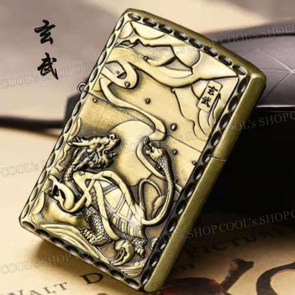 四神 リューター加工 デザイン オイルライター ZIPPO 同型 Jantai 霊獣 聖獣 和柄 和彫り 白虎 青龍 朱雀 玄武 ゴールド 送料無料