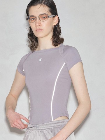 淺霧灰色 反光包條彈力修身正肩上衣 芭蕾拼接船領T恤