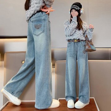 女童牛仔褲冬裝女孩冬季保暖加絨褲子兒童秋冬款中大童加厚闊腿褲