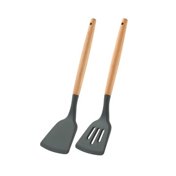 JUST HOME 櫸木柄耐熱矽膠炒鏟煎鏟2件組 食品級矽膠材質不傷鍋具  1組  灰色