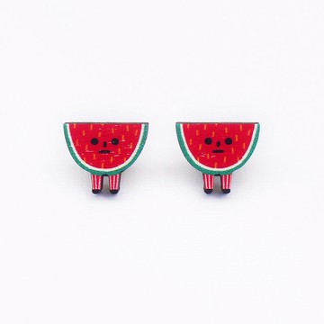 Mr. Watermelon 西瓜先生木製耳環 原創插畫耳環 耳針無耳洞耳