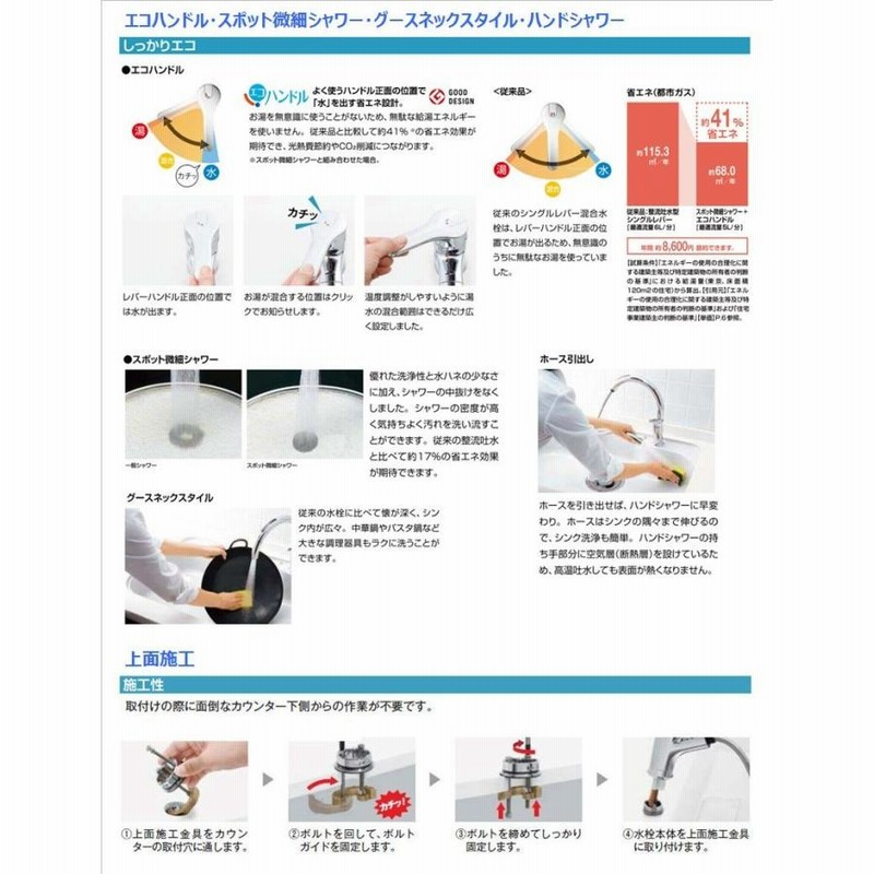 LIXIL INAX キッチン水栓 RSF-831Y ハンドシャワー付き シングルレバー 混合水栓 グースネック エコハンドル ワンホール 上面施工  リクシル | LINEブランドカタログ