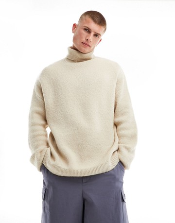 ASOS DESIGN oversized knitted fluffy roll neck jumper in beige-Neutral