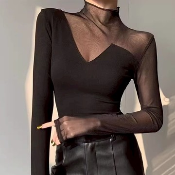 春季中高領網紗緊身長袖T恤上衣