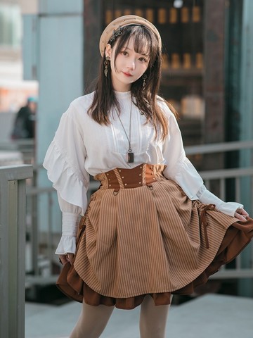 蒸汽朋克 橘棕條紋 荷葉邊 高腰A字裙 雙層復古 可愛甜美 半身裙