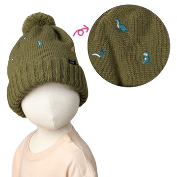 akachan honpo - 針織帽-恐龍刺繡-軍綠色